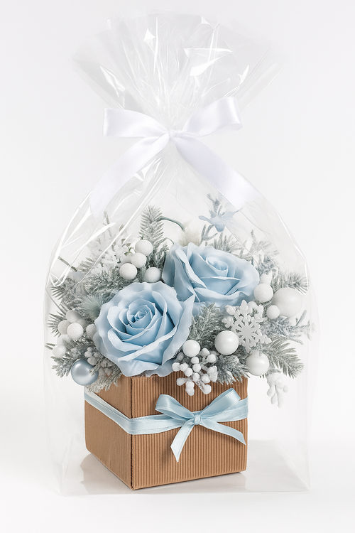 Zimowa dekoracja w pudełku z niebieskimi różami – prezent świąteczny handmade 20–25 cm