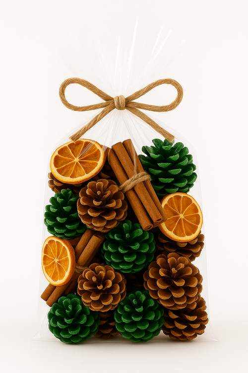 Świąteczna Dekoracja Stołowa 1 l – pomarańcze, cynamon i naturalne szyszki (ciemna zieleń + natura)
