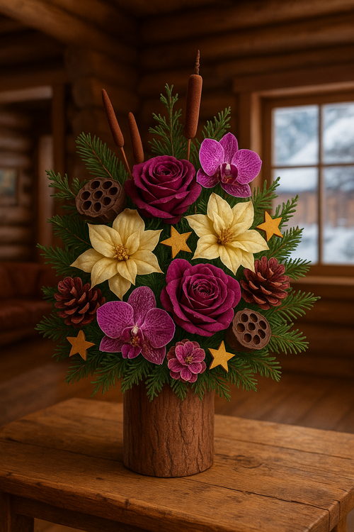 Bukiet świąteczny 40 cm – igliwie, róże, storczyki, poinsecje, pałki wodne i lotosy w kolorach kremu, zieleni, fioletu, różu i brązu