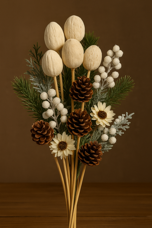 Wiązka dekoracyjnych orzechów Amra – naturalne i bielone, 12 sztuk na pikach