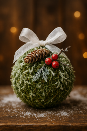 Kula z mchu – lekko oszroniona, z kokardką, szyszką i mini stroikiem 20 cm