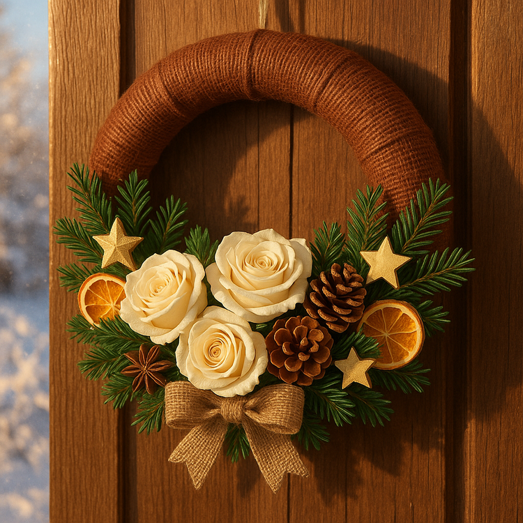 Wianek świąteczny klasyczny 25 cm na brązowej jucie z różami, szyszkami i pomarańczami