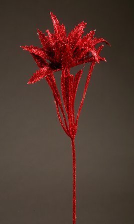  GAŁĄZKA EGZOTYCZNA Z BROKATEM gałązka kwiatowa liść sztuczny CZERWONY 28 cm